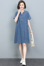 短袖牛仔连衣裙女夏季薄款2024年新款气质遮肚子中年妈妈大码裙子，女装连衣裙，悦见她
