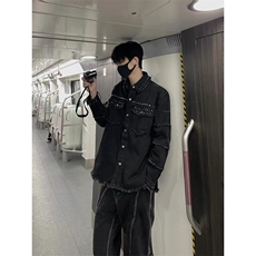 [有货]铆钉毛边牛仔外套痞帅翻领夹克休闲上衣JK205特P58，男装夹克，星座908-1