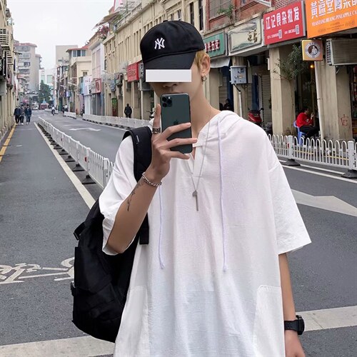 夏季连帽短袖t恤男港风宽松休闲帅气百搭潮流半袖套头上衣4390-35,男装T恤,星座1008-2
