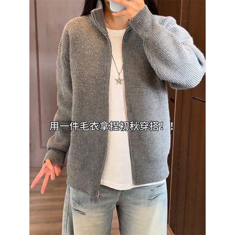 重磅秋冬北极绒双拉链毛衣开衫美式复古休闲慵懒风宽松针织衫外套，男装针织衫/毛衣，电商A486