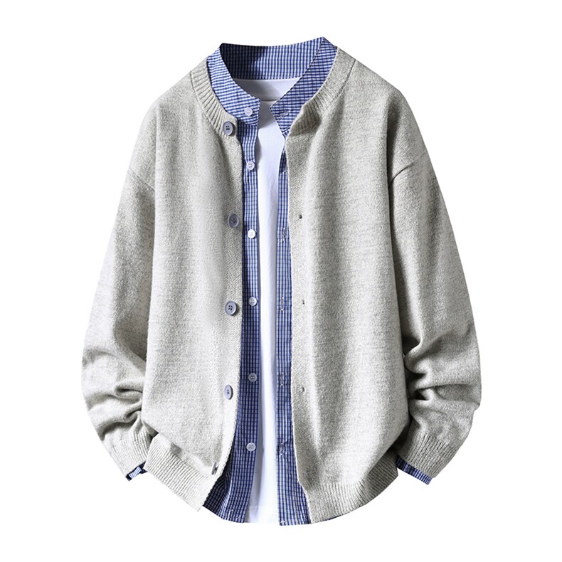 【抖音得物】2025秋季时尚毛衣针织开衫圆领男假两件长袖，男装针织衫/毛衣，电商A113