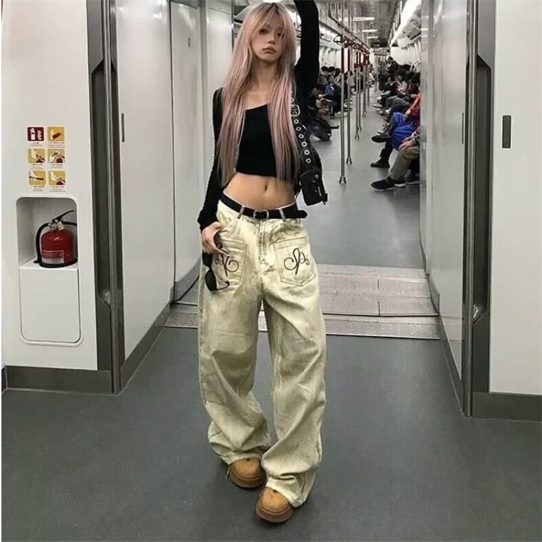 美式复古刺绣水洗牛仔裤女2025夏街头设计感脏染反穿宽松直筒裤子,男装牛仔裤,星座506A