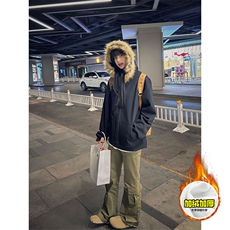 480G重磅加绒硬挺boxy秋冬美式高街超大毛领座山雕连帽卫衣厚外套，女装短外套，电商A486-1