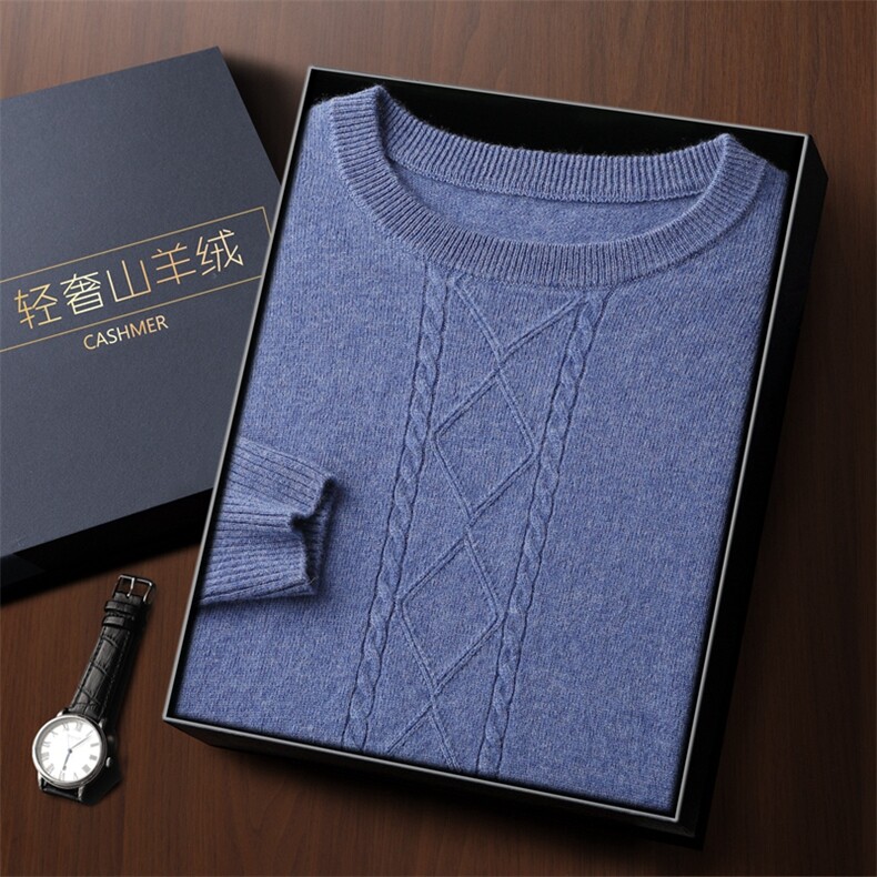 秋冬季新款舒适时尚百搭一线成衣竖条扭花圆领35%羊绒衫，男装羊绒套衫，雅之冉羊绒