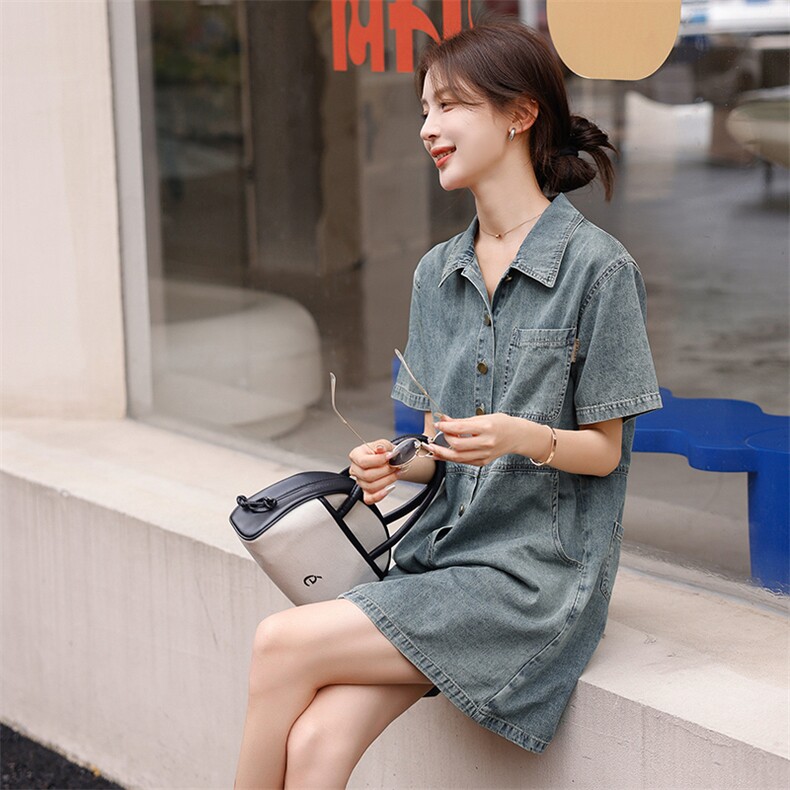 现货2023时尚牛仔连衣裙女韩版修身遮肉显瘦气质,女装连衣裙,钱塘布衣