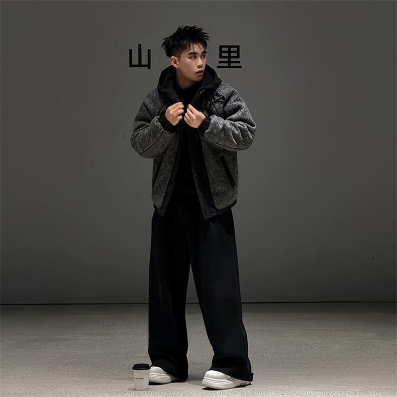 B33/P138控178连帽设计感毛呢加厚男士棉衣外套冬季痞帅棉衣灰首1,男装棉衣,星座305B