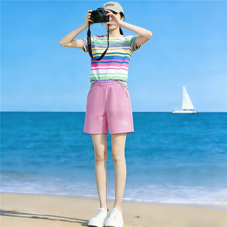 学院风网红运动套装女夏新款圆领彩虹条纹短袖上衣阔腿短裤两件套，女装套装/套裙，江南