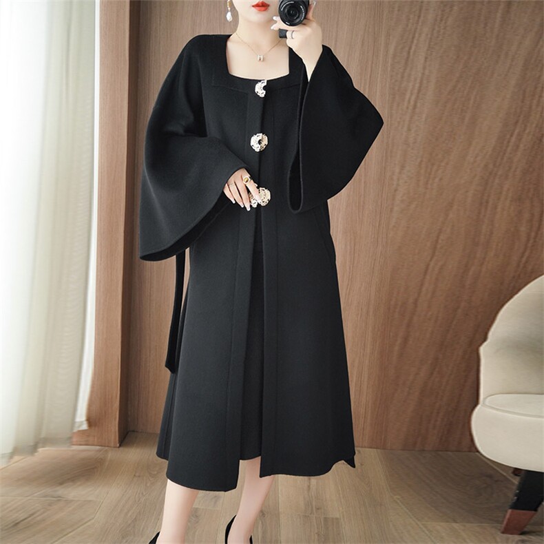 奢华显瘦黑色羊毛大衣优雅气质长款外套百搭时尚高端品质，女装双面呢大衣，乾庄羊绒