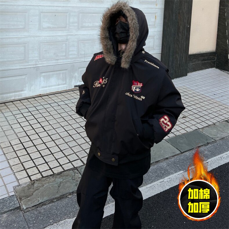 现货高品质美式高街重磅刺绣座山雕大毛毛领棉衣男女加厚棉服外套,男装棉衣,电商A486