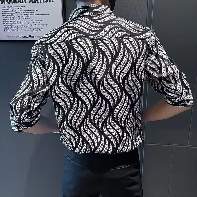 树叶花衬衫男五分袖春秋季痞帅发型师男装斑马纹印花衬衣CS109,男装衬衫,星座1116A-2（原606A-1）