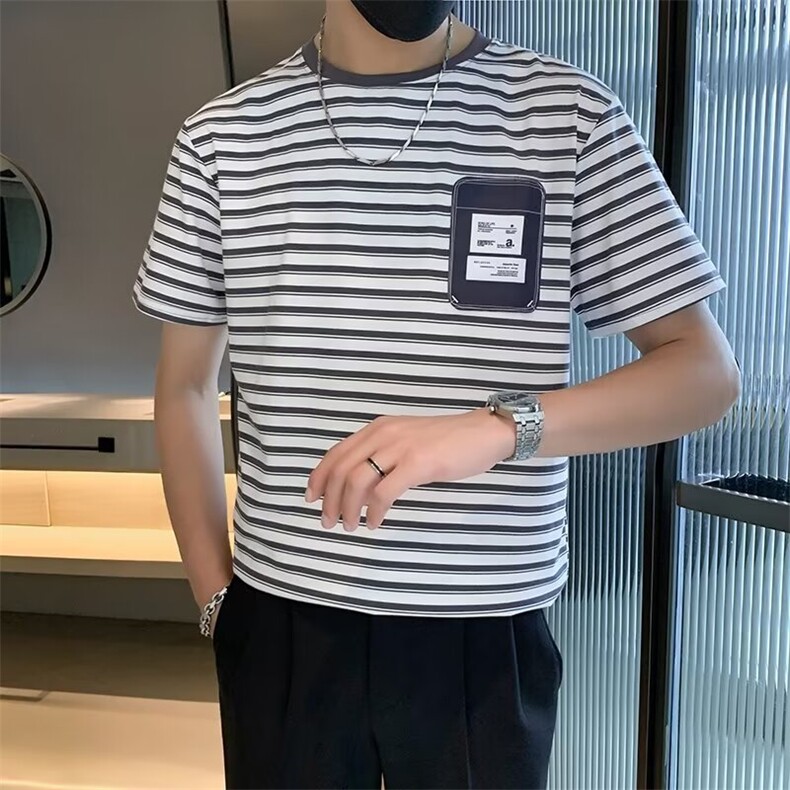 条纹短袖T恤男口袋装饰贴标绣潮流百搭男士透气上衣 G33图片