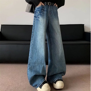 水洗直筒牛仔裤男款美式复古小众宽松铆钉设计感做旧直筒裤子图片