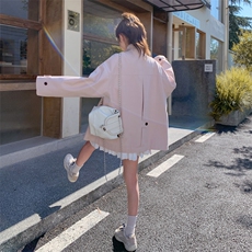 浅粉色韩系甜美小清新风衣外套女2025春秋季新款显瘦格纹拼接上衣，女装风衣，2C372