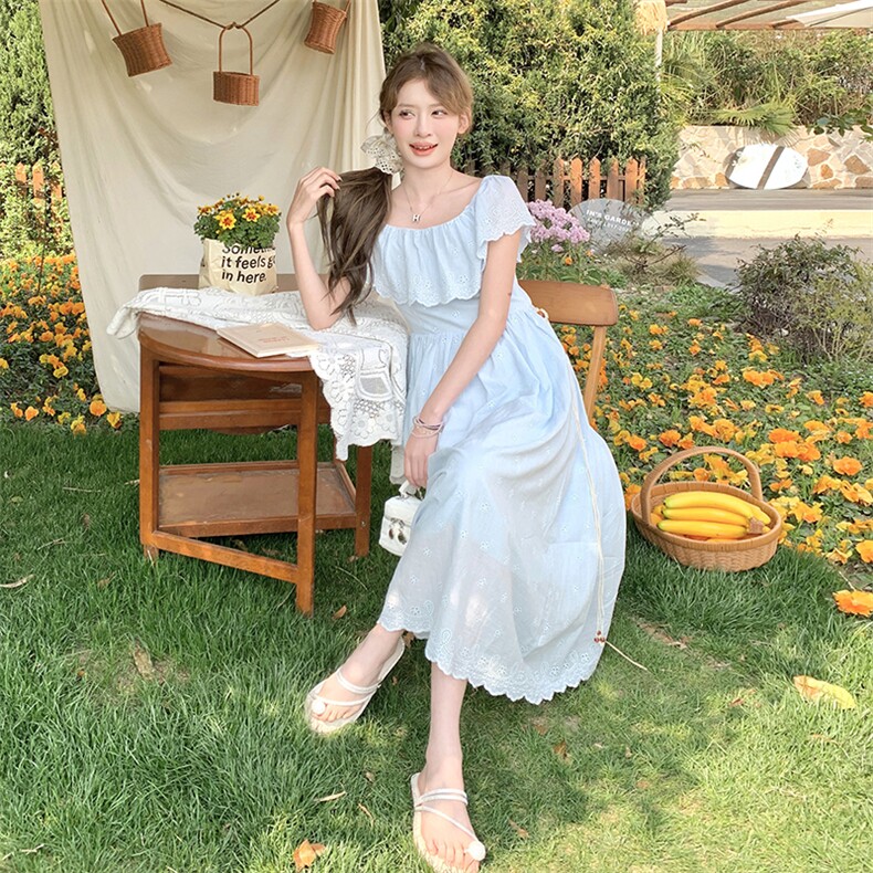 法式气质清冷感荷叶边连衣裙女2025夏季仙女风一字领两穿淡人长裙,女装连衣裙,2C229