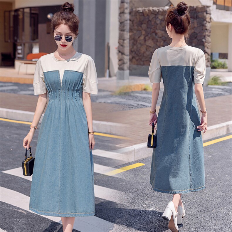 短袖拼接连衣裙女2024夏季新款女装韩版时尚气质牛仔裙子大量现货，女装连衣裙，慧尚依恋