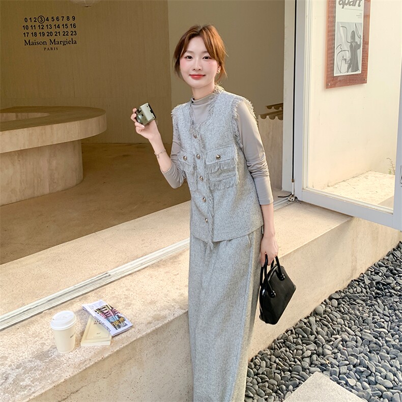 2025秋装气质通勤穿搭一整套高级感独特漂亮小香风马甲阔腿裤套装,女装套装/套裙,2C269