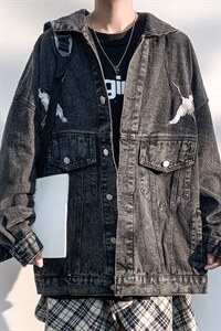 2021秋季新港风白墙日系大码男仙鹤刺绣牛仔衣夹克外套NJ125-P70图片