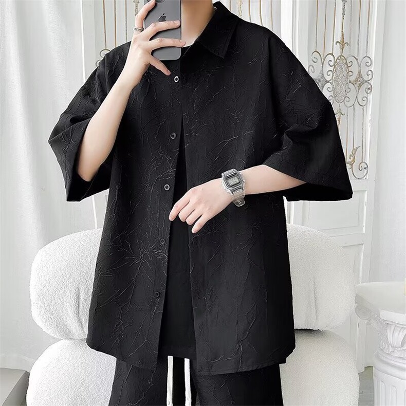 肌理感短袖衬衫男夏季薄外套青年男士半袖衬衣新中式港风裂纹压皱，男装T恤，星座506A