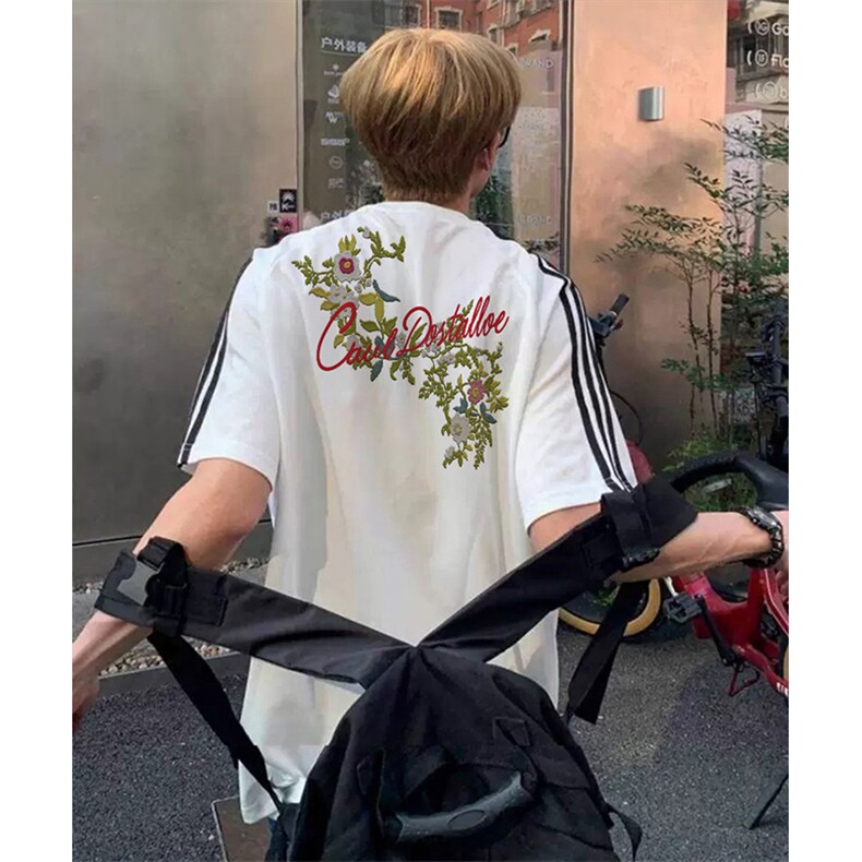 抖音得物高品质二开240克宽松纯棉美式潮牌三条杠织带短袖T恤,男装T恤,电商A486-1
