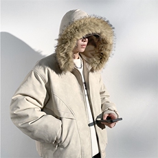 现货扎染PU皮棉服男冬季加厚连帽棉衣座山雕大毛领外套M090-P120，男装棉衣，星座308B-2