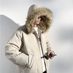 现货 扎染PU皮棉服男冬季加厚连帽棉衣座山雕大毛领外套M090-P120图片