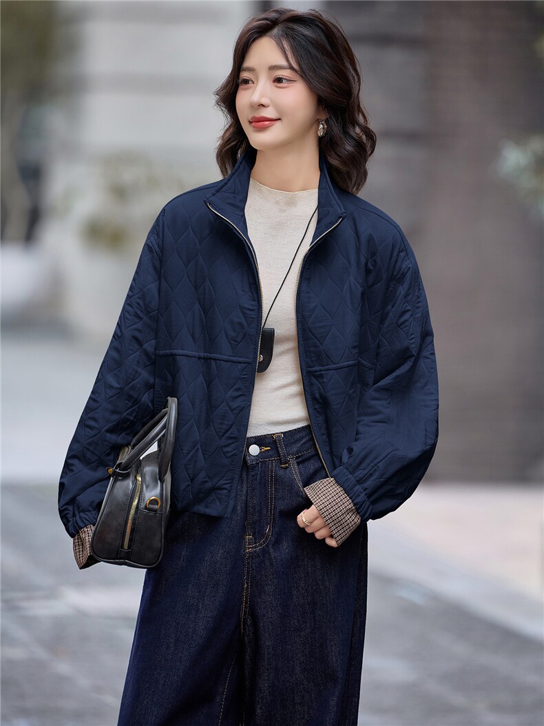 2026年冬季短款立领宽松型长袖插肩袖宽松夹克短外套女,女装短外套,微微衣阁