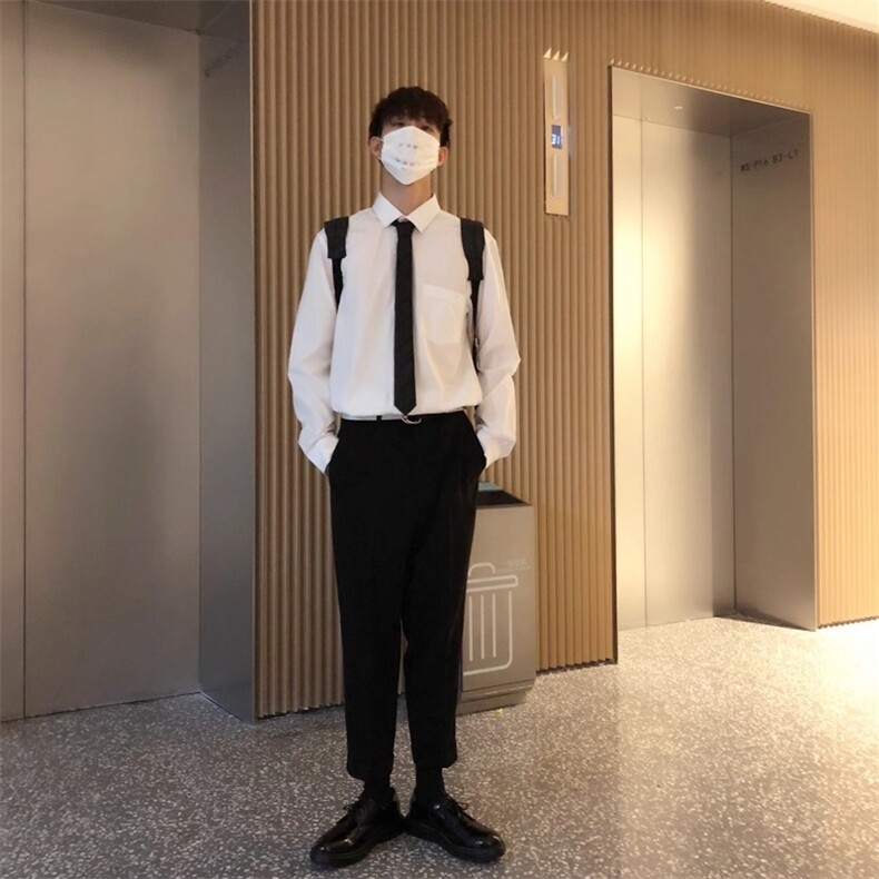 网图白色长袖衬衫炸街纯色衬衣送领带情侣dk制服A025-GC11021-P28,男装衬衫,电商A025