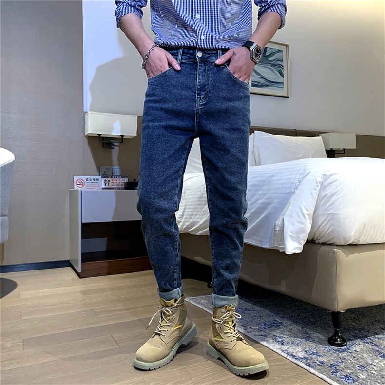 B230-6032p85复古做旧水洗深蓝色微垮修身小脚弹力牛仔裤男新品,男装牛仔裤,电商B230