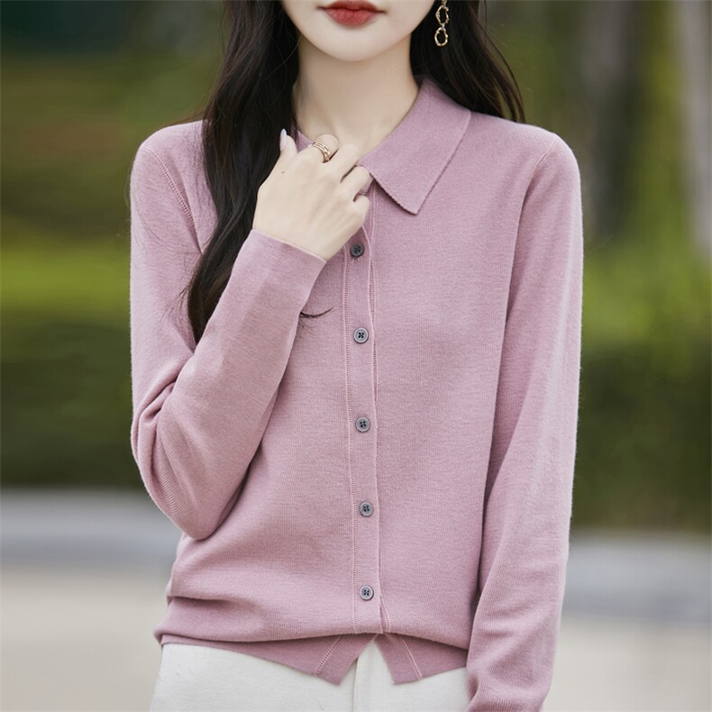 精纺羊毛翻领开衫-,女装T恤,暖娇绒包芯纱店