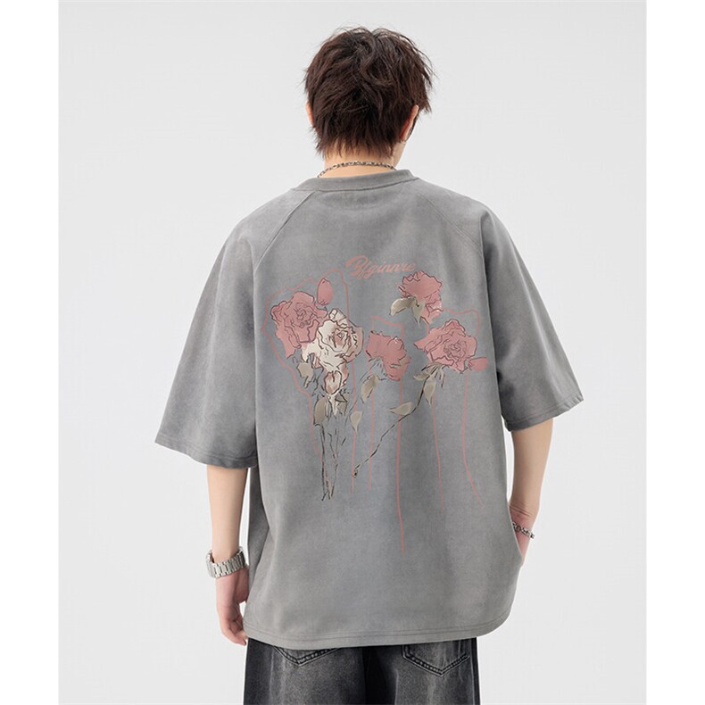 新款美式潮流麂皮绒短袖t恤大码宽松港风情侣半袖上衣H9927-P28,男装T恤,电商B295