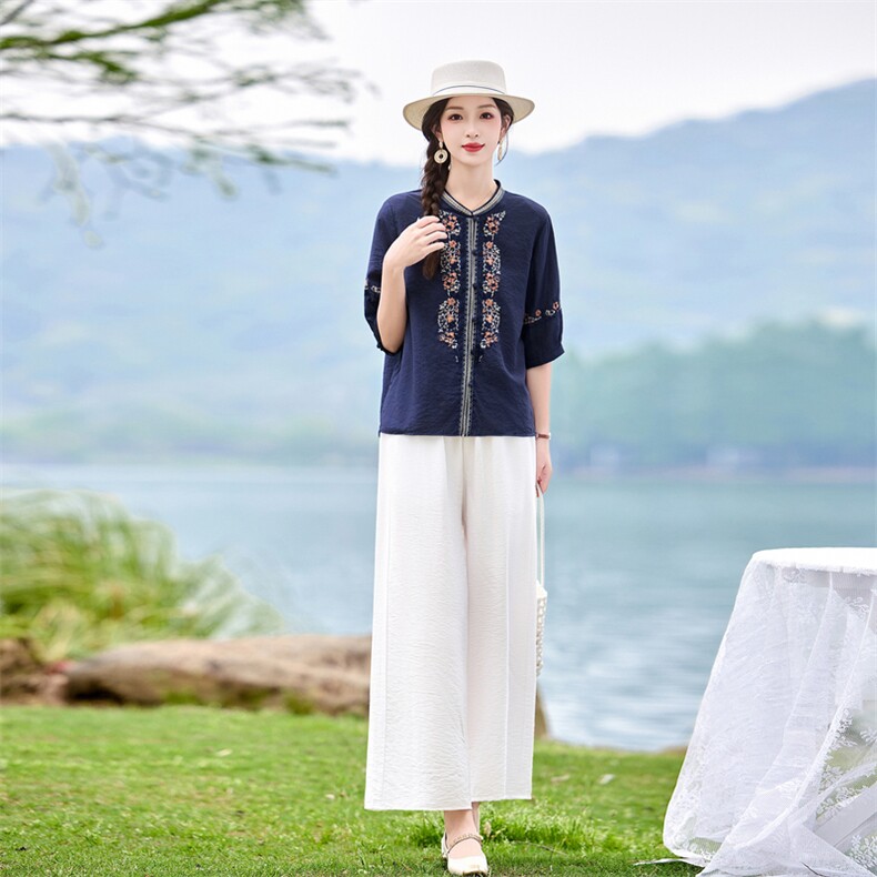 时尚洋气刺绣棉麻套装女2026夏季新款宽松遮肉显瘦阔腿裤两件套,女装套装/套裙,魅影