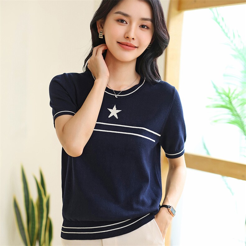 白色短袖t恤女2025新款夏季纯棉针织修身高腰法式高级感短袖上衣,女装T恤,伊绒腾羊绒