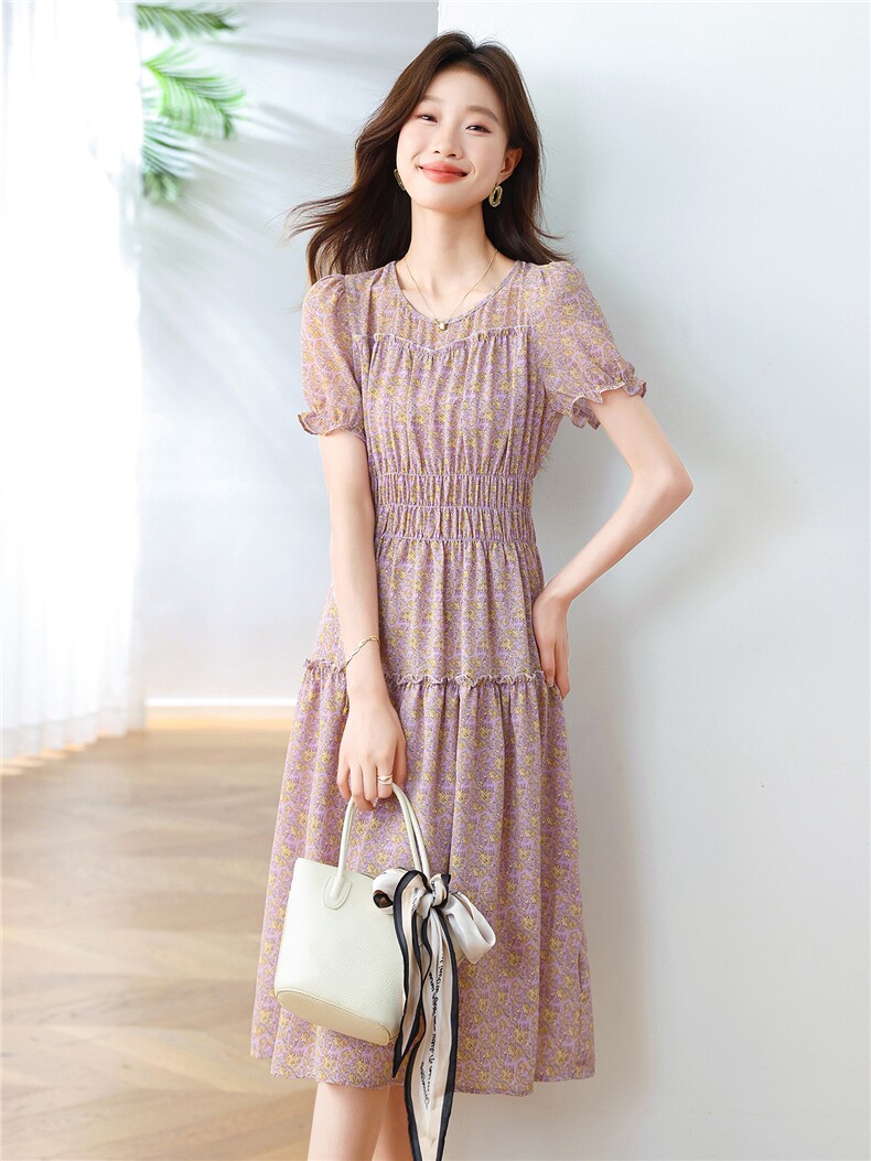 小清新碎花连衣裙女2025夏季新款小个子收腰修身显瘦气质印花裙子,女装连衣裙,布芭啦