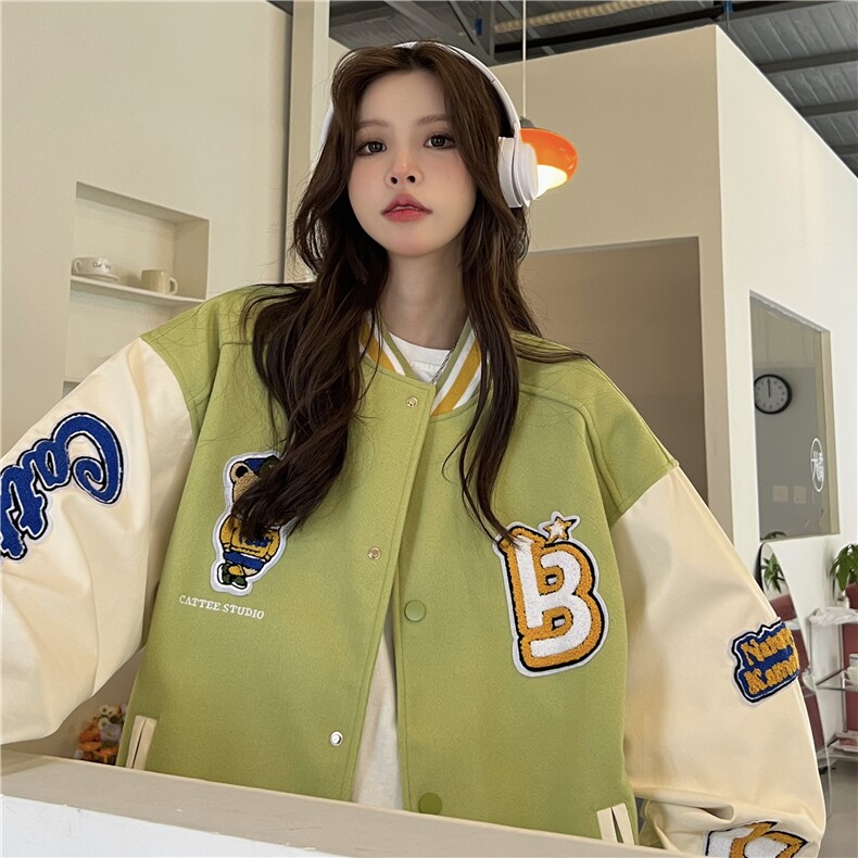 棒球服重工刺绣外套上衣女毛巾绣花真皮袖夹克C362-95,男装夹克,星座911-2(原星座613-2）