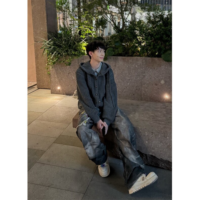 C316MY8004P88秋冬新款毛衣粗针开衫连帽深灰色浅蓝色毛衣,男装针织衫/毛衣,电商C316