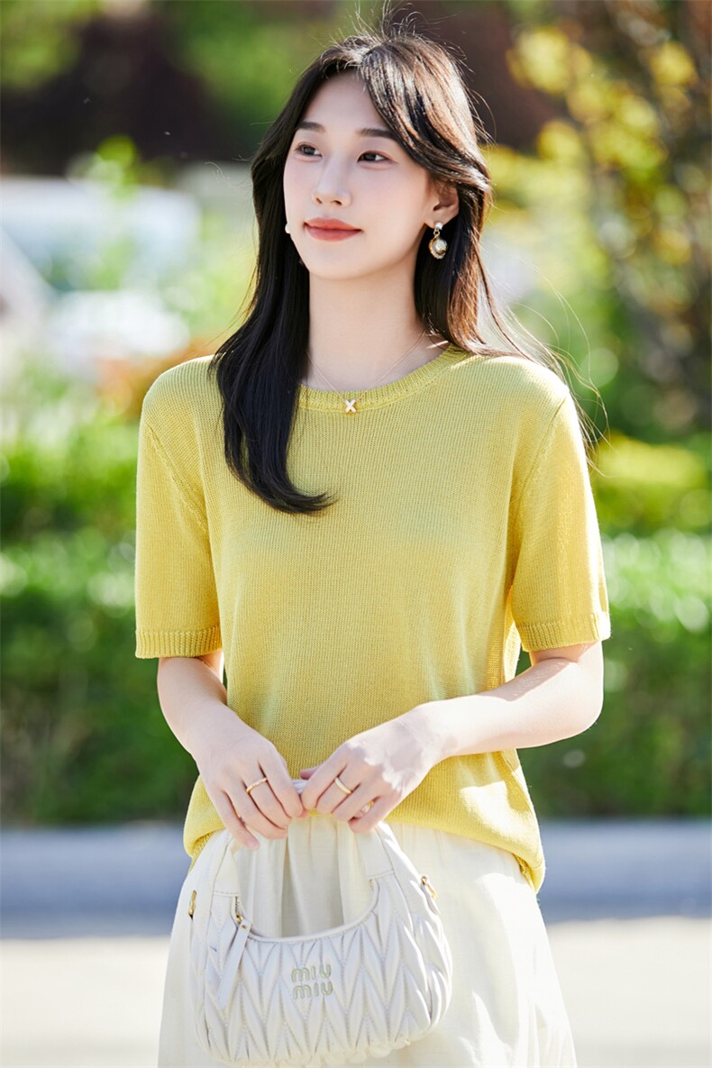 夏季新款简约和纸纱圆领短袖女宽松百搭显瘦上衣时尚休闲T恤,针织衫/毛衣,昭美羊绒