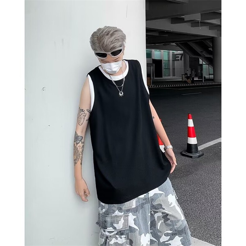 C467-P25夏季潮流痞帅假两件坎肩背心男款美式宽松无袖t恤现货,男装背心/马甲,星座512-6