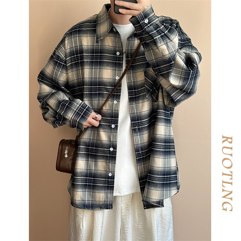 现货春秋长袖格子衬衫外套宽松潮牌休闲内搭衬衣-AC23086-特批P58,男装衬衫,电商A351