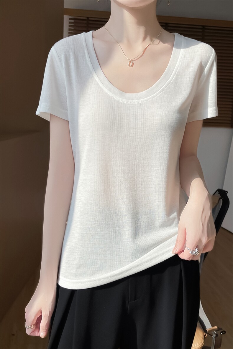 U领新款针织女短袖纯色简约百搭宽松套头,针织衫/毛衣,绒宛羊绒