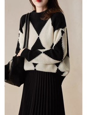 35%羊绒复古经典色系黑白菱形格羊绒针织衫,女装羊绒衫,以美红杉羊绒, 35%羊绒复古经典色系黑白菱形格羊绒针织衫,女装羊绒衫,以美红杉羊绒,