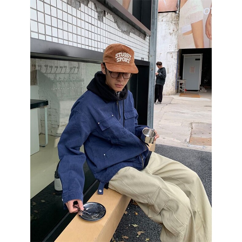 春秋季美式复古翻领夹克男女机能风外套宽松休闲潮流情侣,男装夹克,四季星座505