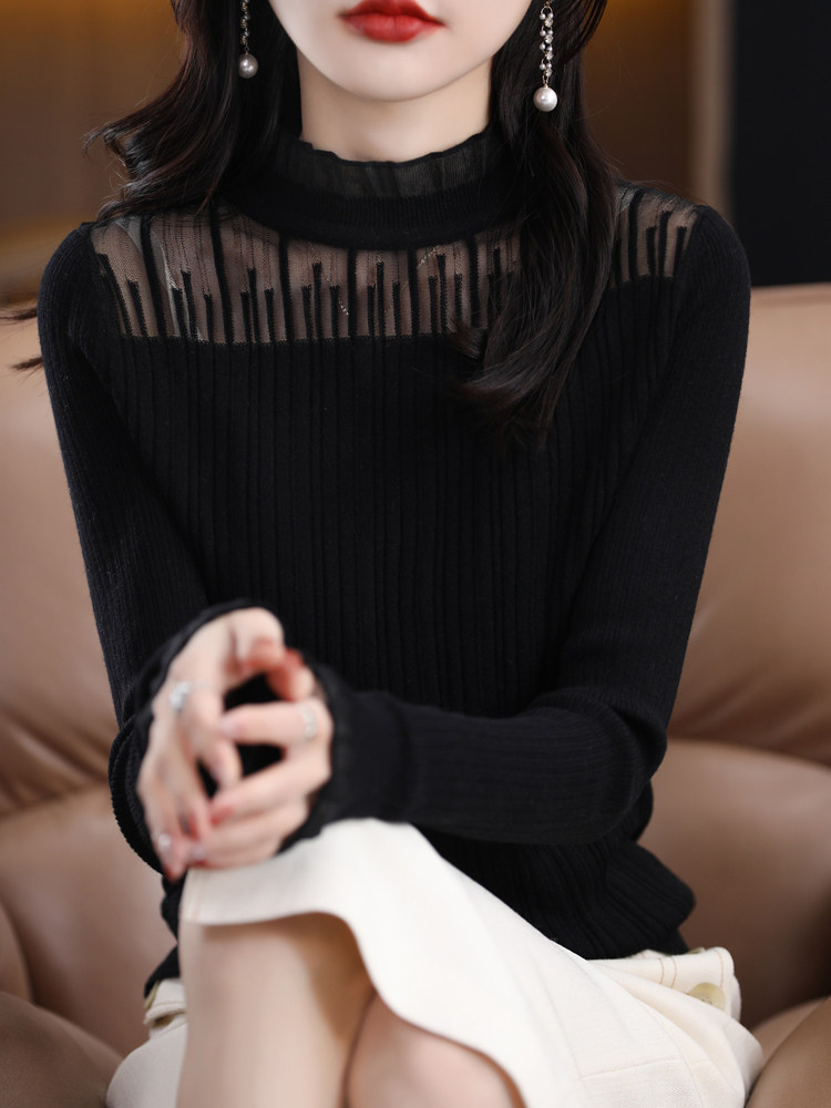 正品简织禾100纯羊绒衫女新款蕾丝拼接时尚长袖羊毛针织打底衫薄,针织衫/毛衣,暖烁羊绒