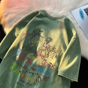 潮牌宽松短袖t恤蜡染美式复古高街水洗做旧517A-2-SX237-P38,男生一米五的穿搭图片