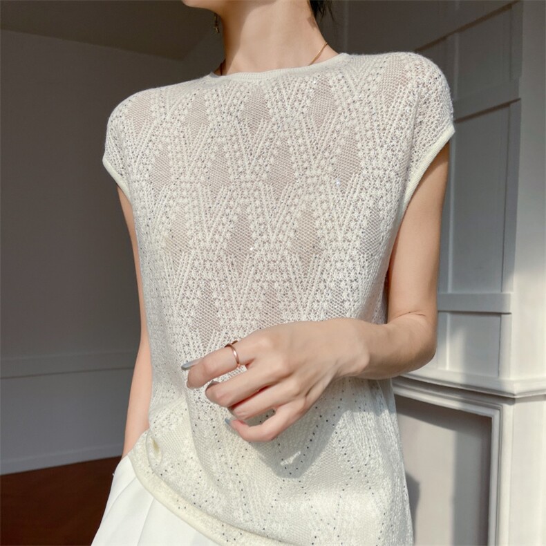 时尚显瘦百搭夏季新款女士烫钻16针欧根纱短袖，女装T恤，雪真羊绒