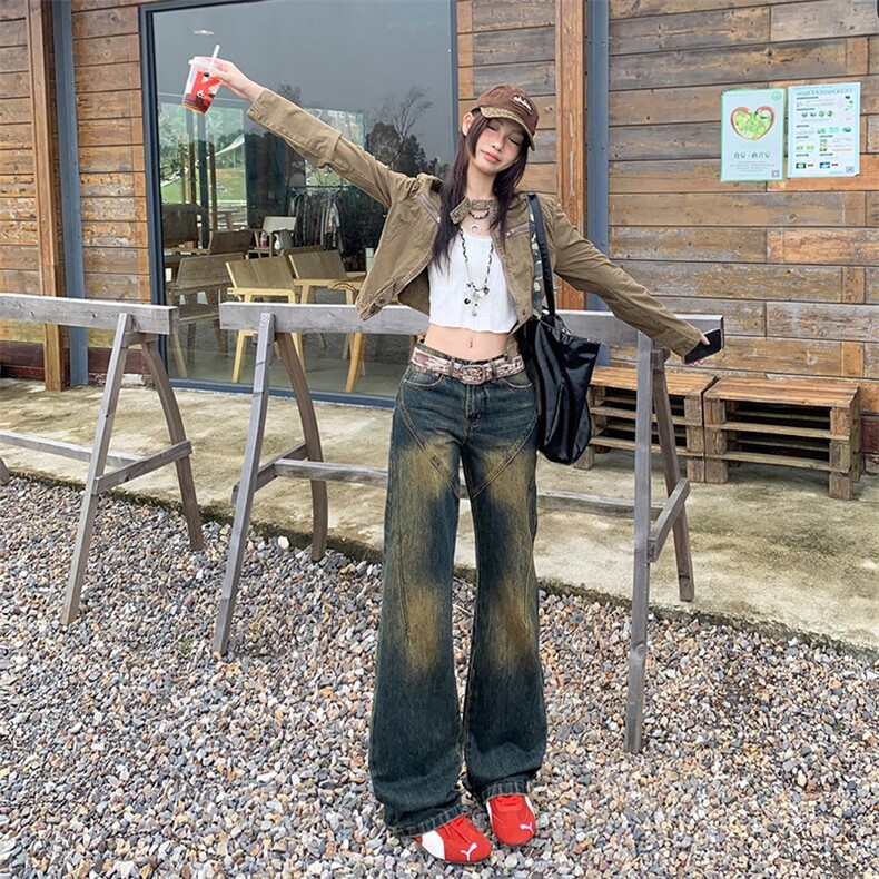 美式复古高腰微喇牛仔裤女2025秋季重工水洗不贴腿宽松显瘦阔腿裤,男装牛仔裤,星座506A