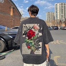 xz605-dsx128-特批30控492026春季新款玫瑰报纸印花水洗短袖T恤，男装T恤，星座605(原A050)