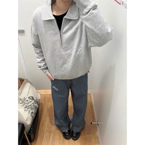 美式宽松阔腿条纹工装牛仔裤男女秋季新款直筒弯刀裤子LN1224-p58图片