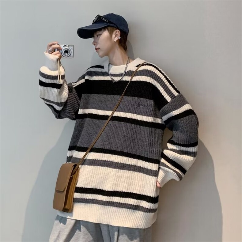 oversize慵懒风条纹毛衣男款秋冬季针织衫宽松男女外套M9137-P45,男装针织衫/毛衣,星座1008
