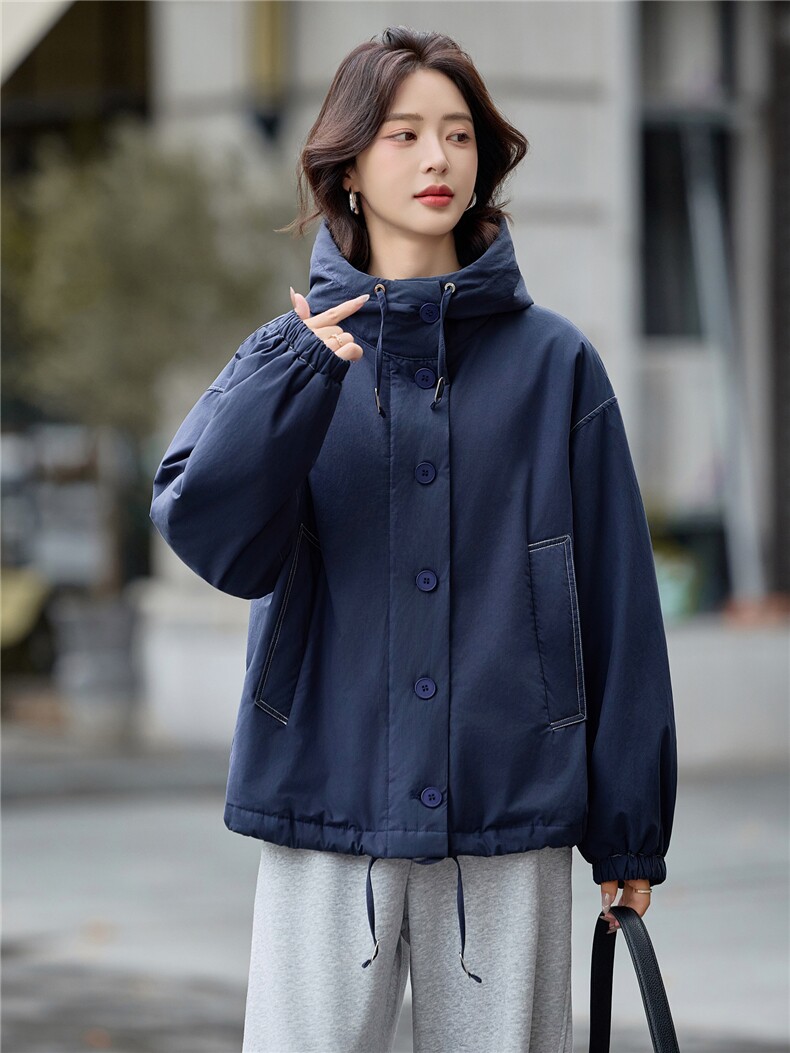 藏青色连帽宽松休闲夹棉外套女2025冬季极简廓形慵懒感小个子棉服,女装棉衣/棉服,梦懿尔