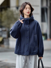 藏青色连帽宽松休闲夹棉外套女2025冬季极简廓形慵懒感小个子棉服，女装棉衣/棉服，梦懿尔